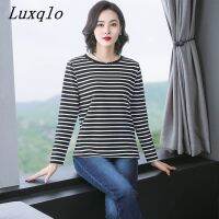 Luxqlo เสื้อยืดแขนยาวลายทางขนาดพิเศษสำหรับผู้หญิงเสื้อทรงหลวมเสื้อยืดลำลองเรียบง่ายเข้ากับทุกชุด