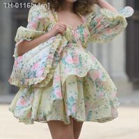 ❦✲☁ n4rn Vestido princesa amarela estampado para mulheres arco orelhas de madeira colarinho quadrado manga lanterna peito ruched vestido baile balanço mini robe fada