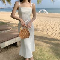 Light chiffon dress white beads condole stitching show thin tail MIDI dress skirt for a holiday