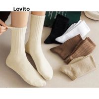 Lovito Casual Plain Soft Moisture-wicking Athletic Crew Socks for Women L8LD087 (White/Off White/Khaki/Brown/Black)