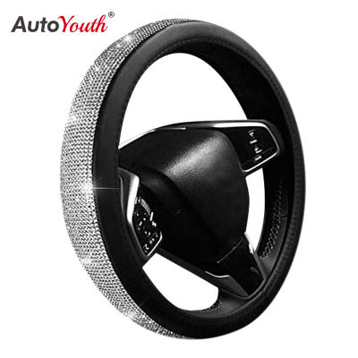 2021AUTOYOUTH Cystal Steering Wheel Cover with PU Leather Bling Bling Rhinestones Universal 15 Inch Auto Steering Wheel Black Silver