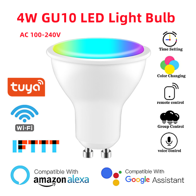 Jiuch TUYA GU10อัจฉริยะ Wi-Fi RGB สปอตไลท์หลอดไฟ + CCT 100-240V 4W หรี่แสงได้ไฟ LED ไฟสปอตไลท์ไฟ LED หลอดไฟแอปชีวิตอัจฉริยะควบคุมด้วยเสียงด้วย Alexa