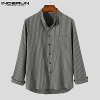 INCERUN Men Casual Striped Long Sleeve Button Up Loose Cotton Shirt