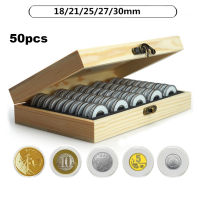 50Pcs 30mm Clear Coin Holder Capsule Case with Protector Gasket Wood Storage Box for Collectable Coins Medal Collection Supplies