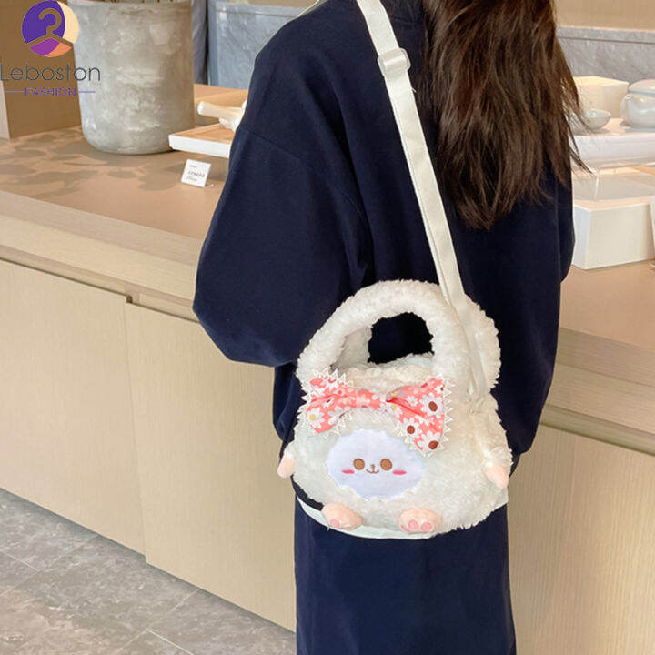 กระเป๋าการ์ตูนตกแต่ง-crossbody-สำหรับเด็กผู้หญิงผ้ากำมะหยี่น่ารักผูกโบว์กระเป๋าสะพายไหล่