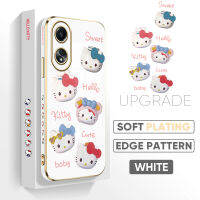 เคส PMP A58 OPPO Hp 4G ฟรีสายคล้อง + เฮลโหลคิตตี้การ์ตูนน่ารักสำหรับเด็กผู้หญิงขอบสี่เหลี่ยมลายเคสโทรศัพท์ชุบเคลือบสุดหรูเคสโทรศัพท์นิ่ม