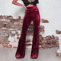 Women Pant High Waist Elastic Crushed Velvet Flare Pant Ladies Casual Bell Bottoms New Arrival Trousers LH-8276