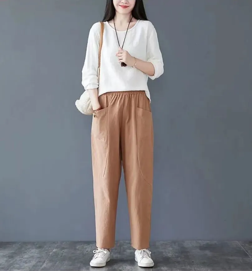 FairyTaill Cotton Women Ankle-length Casual Pants New Summer Vintage Style  Solid Color All-match Loose Female Harem Pants Oversized 201P131