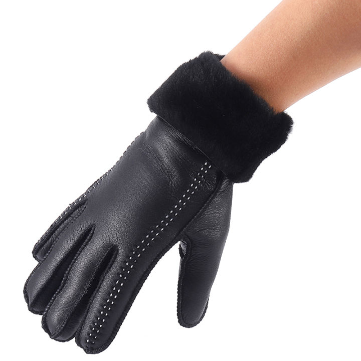 ถุงมือหนังแกะแท้สำหรับผู้หญิงฤดูหนาวที่อบอุ่นหนาขนสัตว์เรียงรายขับรถถุงมือรถจักรยานยนต์