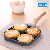 4 Hole Omelet Pan for Burger Eggs Ham Pancake Maker Wooden Handle Frying Pot Non-stick Cooking Breakfast