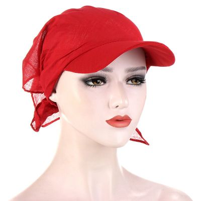หมวกมีปีกของผู้หญิงหมวกฮิญาบกันแดดหมวกมุสลิมชายหาดสีบริสุทธิ์ผูกไว้ล่วงหน้ากับหมวกผ้าพันคอผ้าโพกหัว