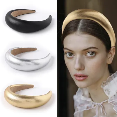 Gold And Silver Headpiece Vintage Party Headband Wide Padded Headband PU Leather Headband Solid Color Hair Hoop