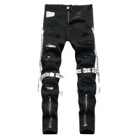 【YD】 Men Punk Zippers Jeans Streetwear Holes Ripped Denim Pants Straight Trousers