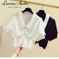 LAREINE เสื้อเชิ้ตผู้หญิงแขนสั้นเอวเสื้อชีฟองฝรั่งเศส