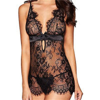 hang qiao shop Spaghetti Strap Eyelash Lace Babydoll Dress Deep V Neck Blouse + Panties Sleepwear 2 Pcs Sets