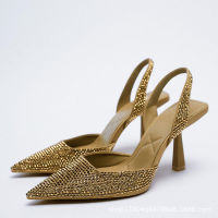 【CW】Gold Women Heels Sandals 2022 Summer Crystal Pointed Toe Female Stiletto African Party Rhinestone Shallow Slip On Heel Shoes