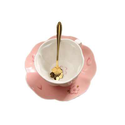 Japanese Ceramic Coffee Cup Cherry Pink Afternoon Tea Reusable Utensil Cup Saucer Porcelain Gift Taza Kitchen Drinkware DF50BD