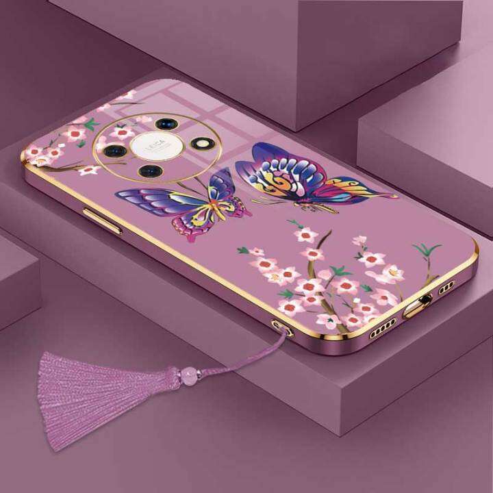 เคสสำหรับ-honor-x9-5g-หรูหราผีเสื้อที่สวยงามพร้อมกล้องดอกไม้เคสโทรศัพท์ขอบซิลิโคนนิ่มพร้อมฟรีสายคล้อง