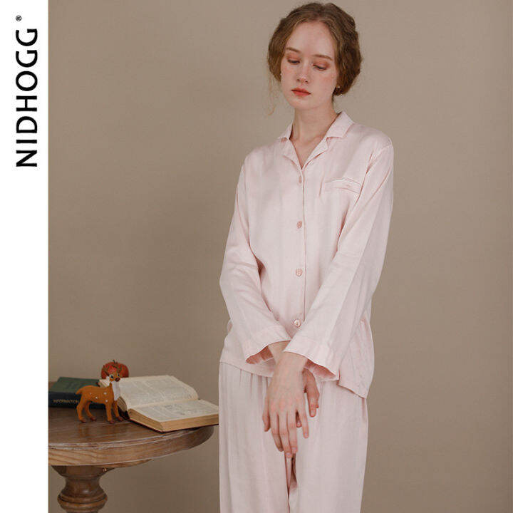ธรรมดาสไตล์เกาหลีชุดนอนชุดแขนยาวชุดนอนเปิดลงปกชุดนอนผู้หญิงซาติน Pijama ...