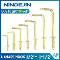 NINDEJIN 1/2"~1-1/2" Square Bend Hooks Kit Brass Plated L-Shaped Right Angle Screw Hook Self Tapping Screw in Hook for Hanging Nails Screws  Fasteners