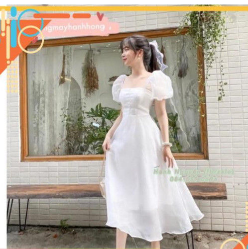 Đầm trắng tay ngắn cổ vuông vải gấm - ANN.COM.VN