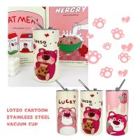 600ML Cartoon Strawberry Bear Straw Cup Stainless Steel Cup Ice Drinking Cup Vacuum Preservation N4X3