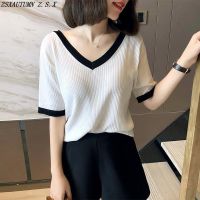 ✾  Korean Womens Clothes Summer New Loose Fashion Indolent Casual Tops Vintage All Match Elegant Female Blouse Simple Slim V Neck