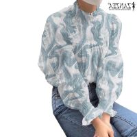 COD dhdfxcz ZANZEA Women Ruffle Collar Print Long Sleeve High Neck Pleated Loose Blouse