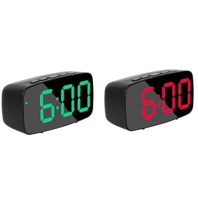 2PCS Digital Alarm Clock Bedside,LED Travel USB Desk Clock with 12/24H Date Temperature Snooze,Black+Green &amp; Black+Red