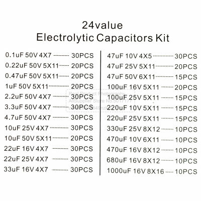 DIY Electrolytic Capacitor 500ชิ้นล็อตกล่อง0.1UF-1000UF 24ค่าอลูมิเนียม Electrolytic Capacitors Assorted Kit และเก็บ16-50V