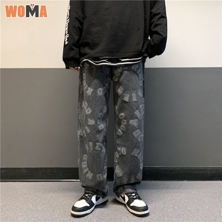 woma-กางเกงยีนส์ผู้ชาย-กางเกง-ผู้ชาย-ขายาว-กางเกงยีนส์ขากว้างขาตรงหลวมของผู้ชายกางเกงยีนส์พิมพ์ลายแสงไฟสีกางเกงขายาวลำลองผู้ชาย