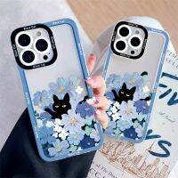 [Hot K] เคสโทรศัพท์แบบใสการ์ตูนแมวสีดำน่ารักสำหรับ iPhone X XR XS สีน้ำเงินดอกไม้สำหรับ iPhone 14 11 12 13 Pro MAX 7 8 Plus ฝาหลัง SE2