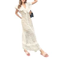 P010-256 PIMNADACLOSET - Deep V Tie Back Sleeless Button Down Woven Lace Loose Maxi Dress