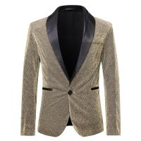 ZZOOI Mens Shiny Gold Glitter Blazer Jacket Nightclub Men Blazer 2023 Brand Shawl Collar Single Button Blazer Men Stage Disco Costumes