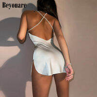 Beyouare Sexy Silk Dress Womens Solid Pearl Sling Strapless Backless Split Ultra Short Dresses 2021 Summer Nightclub Club Party