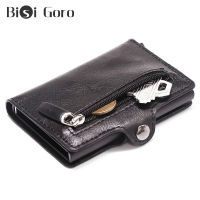 BISI GORO Rfid Button Wallet Men Money Bag Mini Purse Male Aluminium Card Wallet Small PU Leather Wallet Thin Purse Portemonnee