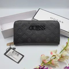 Guess Croc Effect Small Zip Around Wallet in Black Faux Leather