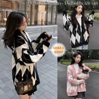 Áo Khoác Cardigan Kẻ Thoi Form Rộng Đen/ Hồng Chất Nỉ