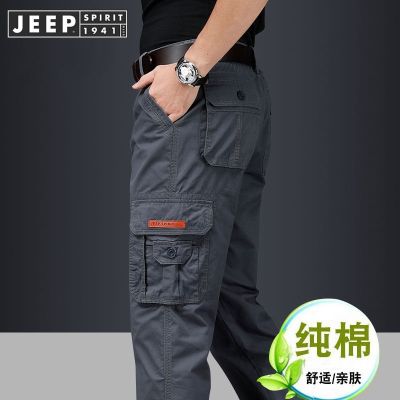 ㍿✢ JEEP overalls mens loose straight spring and summer thin large size outdoor multi-pocket cotton spring and autumn casual pants