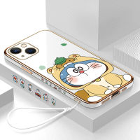 เคสสำหรับ Apple โทรศัพท์ iPhone 15 Plus 15 Pro 15 Pro Max ฟรีสายคล้องการ์ตูนโดราเอมอนน่ารักขอบสี่เหลี่ยมลวดลายเคสโทรศัพท์ชุบหรูหราชุบเคสโทรศัพท์นิ่ม