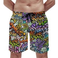 Word Graffiti Street Art Board Shorts Letter Print Cute Board Shorts กางเกงขาสั้นสำหรับผู้ชายรูปแบบกีฬาฟิตเนสแห้งเร็วกางเกงว่ายน้ำ