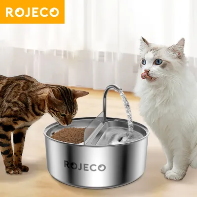 ROJECO เครื่องให้อาหารสัตว์เลี้ยงอัตโนมัติ2 In 1เครื่องจ่ายน้ำสำหรับสุนัขแมวน้ำพุนักดื่มอาหารแมวอัจฉริยะการกินการดื่มชามคู่