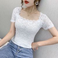 {READY STOCK}LACE BLOUSE Womens Short-sleeved Square Neck y Crocheted Hollow Small Shirt T-shirt