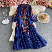 COD DSTGRTYTRUYUY new women vintage beach dress spring autumn long sleeve v neck elegant floral embroidery long dresses