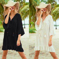 บิกินี่สีขาว Cover Up ขนาดพิเศษ Ruffle Beach ชุดลูกไม้เย็บปะ Tunic Kaftan พู่สีดำชุดว่ายน้ำเดินชายหาดที่คลุม Ups