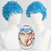 Anime Jojo Bizarre Adventure Ghiaccio Cosplay Blue Curly Short Costume Heat Resistant Synthetic Hair Halloween Party + Wig Cap