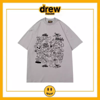 เสื้อยืดแขนสั้นผ้าคอตตอนสำหรับคู่รักทรงหลวมแบรนด์ Graffiti Smiley Niche