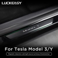 LUCKEAS For Tesla Model 3 Model Y Auto Accessories Car Threshold Bar Magnetic Induction LED Luminous Illuminated Welcome Pedal