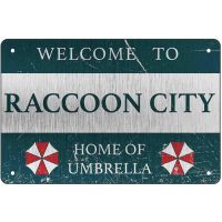 ป้ายต้อนรับส่วนบุคคลสำหรับ Raccoon City Home - Vintage Metal Tin Door Wall Decor Plate