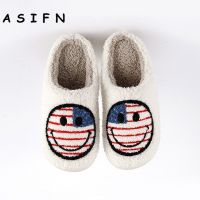 ASIFN Flag Slippers Smile Face Fluffy Print Fuzzy Flat Ladies Indoor HouseShoes